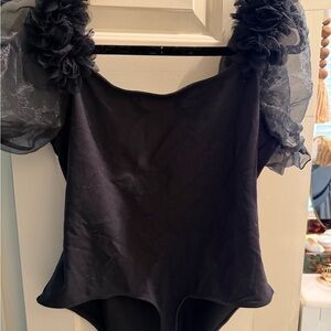 Free People Black Bodysuit with Sheer Puff Sleeves
